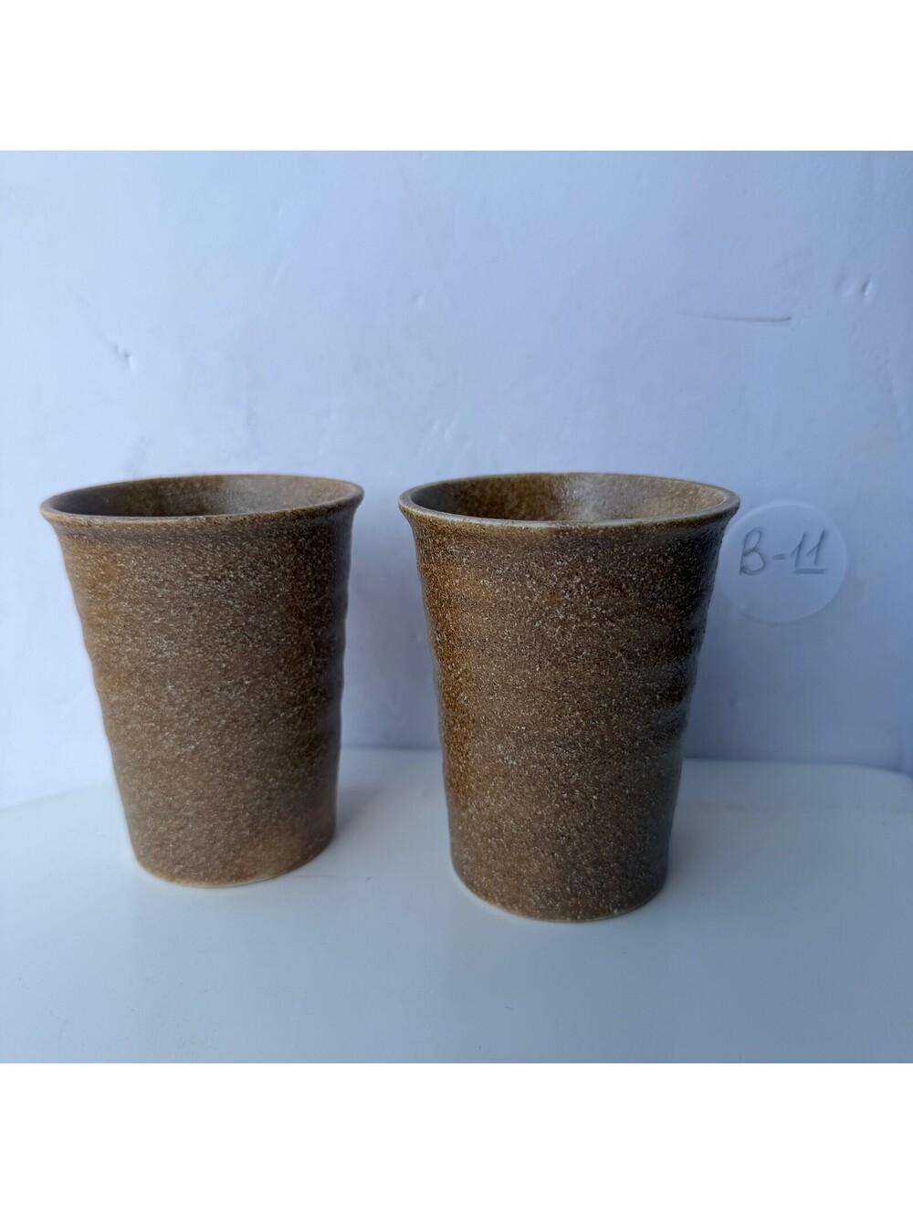 Set of 2 Artisan Stoneware Tumblers Rustic Brown Textured Cups B-11
